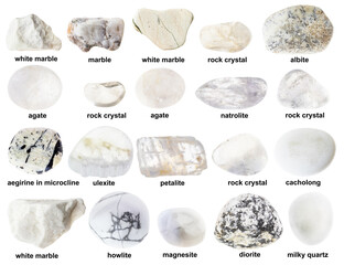 set of various polished white rocks with names