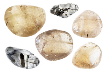 set of various quartz stones with inclusions - obrazy, fototapety, plakaty