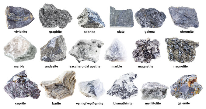 set of various raw gray stones with names cutout