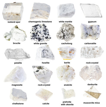 unpolished white and colorless rocks with names