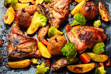 Grilled chicken meat on baking sheet