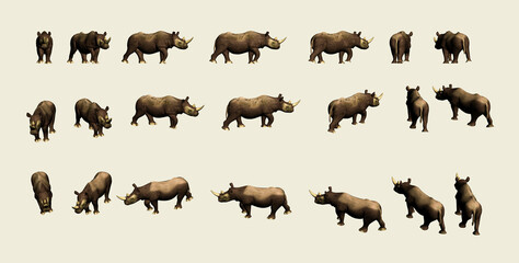 Rhino 3D Model set view from different angles for animation movie, vfx, and video game projects, Matte painting of rhino