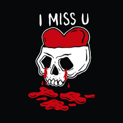 skull and red heart with the word i miss u,hand drawn vector illustration