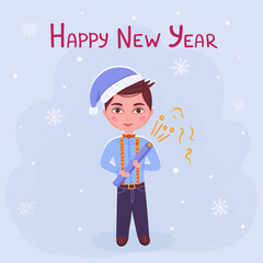 Fototapeta na wymiar Happy New Year greeting card, boy in christmas hat with confetti cracker. Vector Illustration for printing, backgrounds, covers, packaging, greeting cards, posters, stickers, textile, seasonal design.