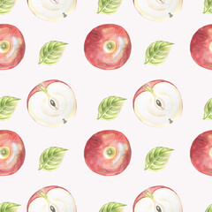 Watercolor seamless pattern with apple and leaves isolated on white background.Use for fabrics,prints.