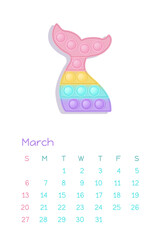 Pop it pastel March for calendar 2022 with fidget toys figures. Vector illustration in popit style as fashionable silicone toy for fidgets. Printable wall vertical calendar. Part of the set.