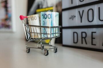 Paper bills lie in a metal mini supermarket cart