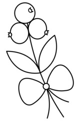 Christmas berries on a branch with leaves. Sketch. The twig is decorated with a bow. Vector illustration. Coloring book for children. Doodle style. Red currant fruit decoration. 