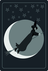retro poster of witch flying with broomstick