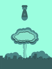 retro poster of nuclear bomb falling in city