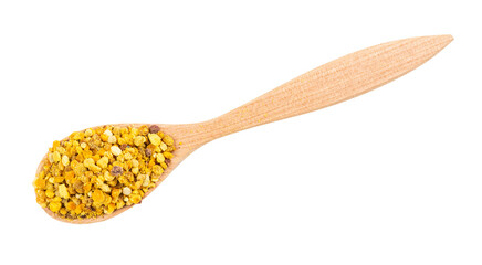 top view of wooden spoon with portion of natural bee pollen isolated on white background
