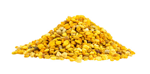 side view of pile of natural bee pollen isolated on white background