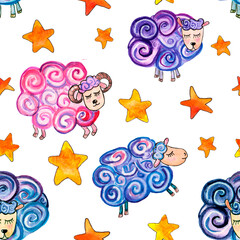 Watercolor illustration seamless pattern of purple and blue sheeps on white background with stars textiles for children