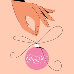 Set of images of hands with Christmas things: tangerine, Christmas ball, sparklers. Flat vector illustration 