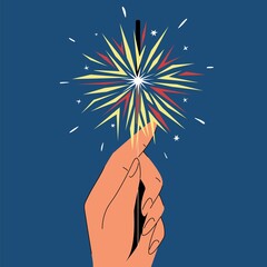 Set of images of hands with Christmas things: tangerine, Christmas ball, sparklers. Flat vector illustration 
