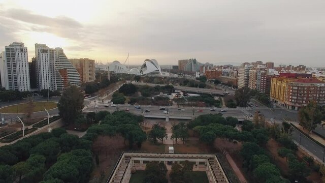 Flying over Valencia, Spain. Aerial city scene in winter