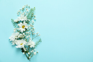 Hello spring concept with flowers on blue background