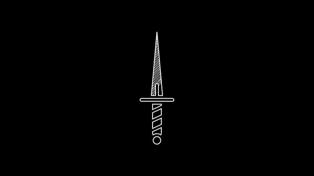 White line Dagger icon isolated on black background. Knife icon. Sword with sharp blade. 4K Video motion graphic animation