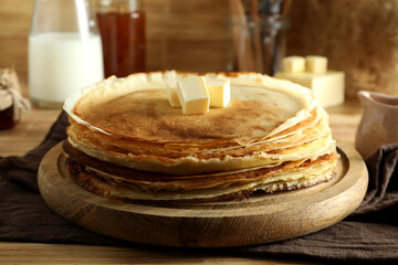 Concept of tasty food with crepes, close up