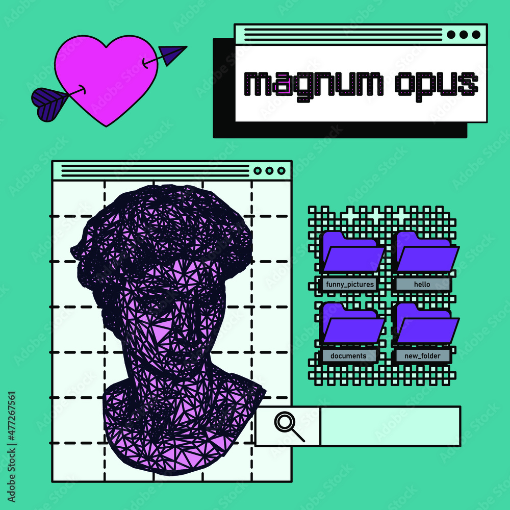 Poster Retro computer interface and 3D low poly model of bust sculpture. Vaporwave style vector illustration. 