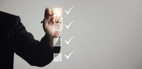 check list, validation. businessman mark on checkbox with check mark. with space designed for...