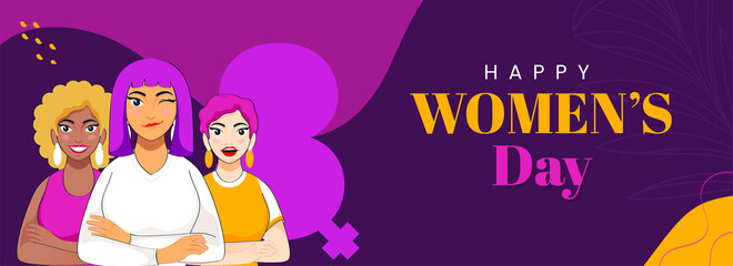 Happy Women's Day Banner Or Header Design With Cheerful Young Female Group And Pink Silhouette 8 Number On Purple Background.
