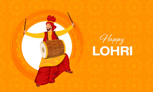 Happy Lohri Celebration Banner Design With Punjabi Man Playing Dhol (Drum) And White Circular Frame On Orange Floral Pattern Background.