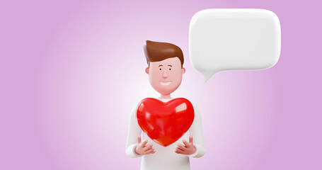 3d Cartoon man holding heart  with speech bubble. 3d render.