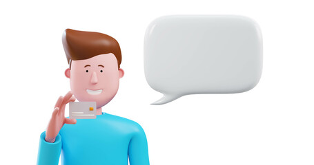 3d Cartoon man holding credit card with speech bubble. on white background