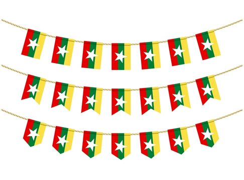 Burma flag on the ropes on white background. Set of Patriotic bunting flags. Bunting decoration of Burma flag