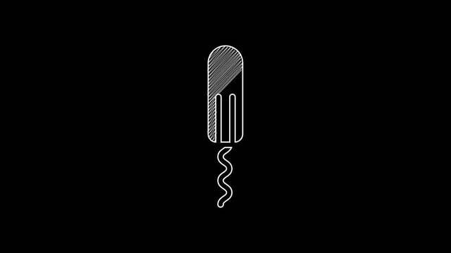 White line Menstruation and sanitary tampon icon isolated on black background. Feminine hygiene product. 4K Video motion graphic animation
