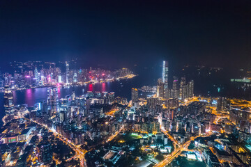 cyberpunk mood of the nightscape of Kowloon downtown area, Hong Kong, panorama