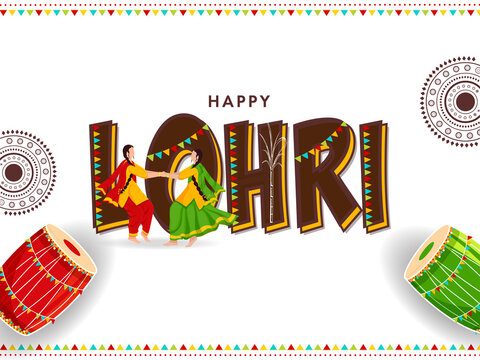 Happy Lohri Poster Design With Punjabi Young Women Doing Giddha Dance, Dhol Instruments And Linear Mandala Pattern On White Background.