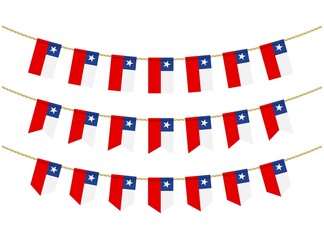 Chile flag on the ropes on white background. Set of Patriotic bunting flags. Bunting decoration of Chile flag
