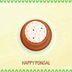 Happy Pongal Concept With Top View Mud Pot Full Of Traditional Dish (Rice) On Pastel Yellow Mandala Background.