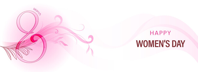 Happy Women's Day Banner Or Header Design With Creative Pink 8 Number Of March And Flourish On White Background.