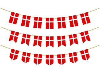 Denmark flag on the ropes on white background. Set of Patriotic bunting flags. Bunting decoration of Denmark flag