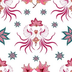 Seamless pattern with phoenix and florals
