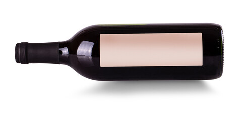 close up bottle of red wine on the side with label isolated on white