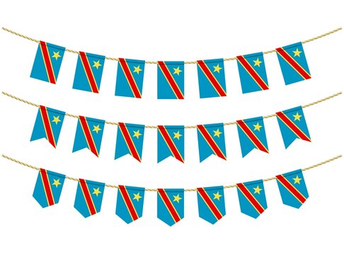 Democratic Republic of the Congo flag on the ropes on white background. Set of Patriotic bunting flags. Bunting decoration of Democratic Republic of the Congo flag