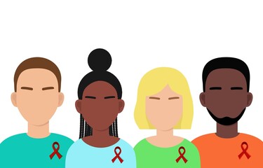 People of Different Races with Red Ribbon. Symbol of the solidarity with HIV-positive and living with AIDS people