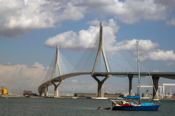 The Constitution of 1812 Bridge or La Pepa Bridge, a cable-stayed bridge across the Bay of Cadiz, linking Cadiz with mainland Spain, as seen from the Paseo Maritimo de Astilleros
