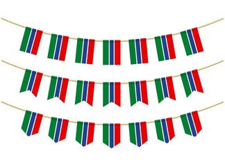 Gambia flag on the ropes on white background. Set of Patriotic bunting flags. Bunting decoration of Gambia flag