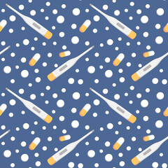 medicine. Thermometer and tablets or vitamins. Design element. background. pidemic, hospital