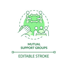 Mutual support groups green concept icon. Sharing same problem abstract idea thin line illustration. Isolated outline drawing. Editable stroke. Roboto-Medium, Myriad Pro-Bold fonts used