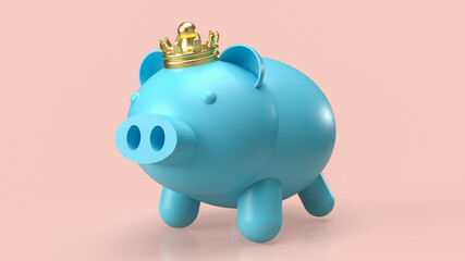 The blue piggy bank and gold crown for saving or business concept  3d rendering