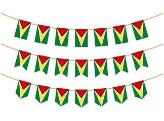 Guyana flag on the ropes on white background. Set of Patriotic bunting flags. Bunting decoration of Guyana flag