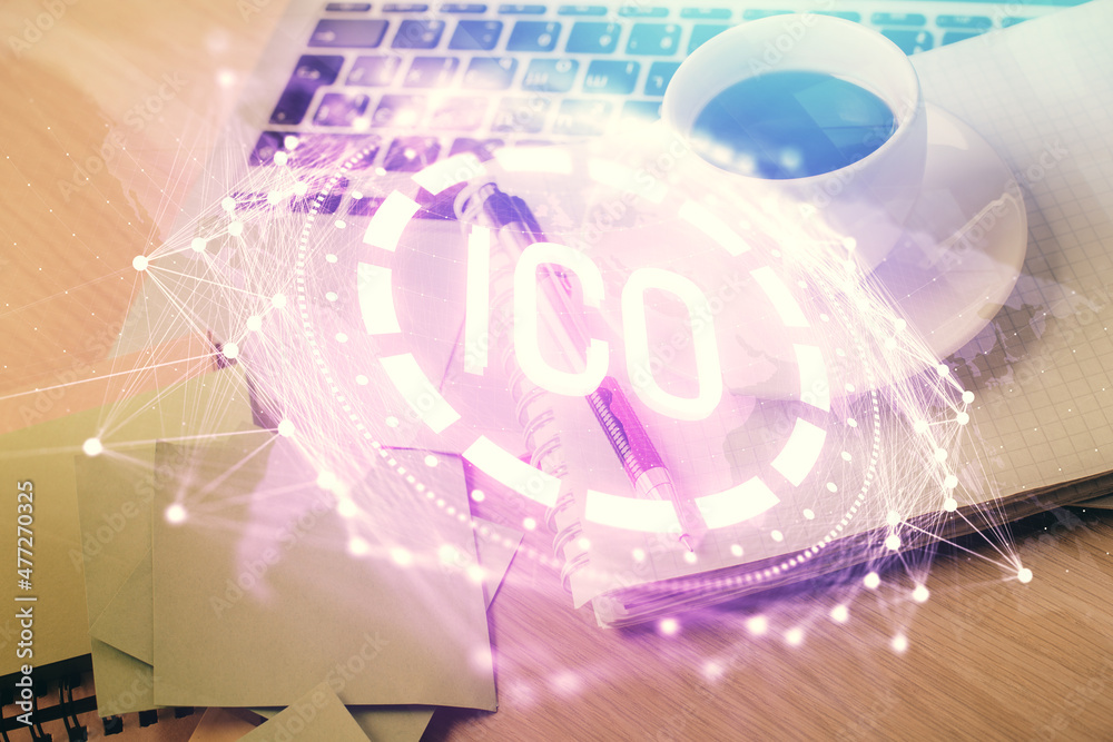 Poster Double exposure of crypto technology drawing and desktop with coffee and items on table background. Concept of blockchain