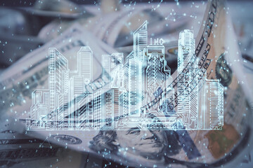 Double exposure of town drawing over usa dollars bill background. smart city concept.