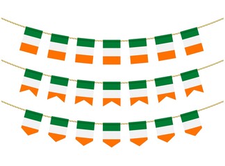 Fototapeta na wymiar Ireland flag on the ropes on white background. Set of Patriotic bunting flags. Bunting decoration of Ireland flag